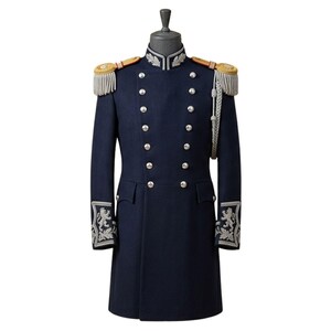 Militärofficersrock, marinblå ceremoniell kavaj, kunglig paraduniform, historisk dräkt