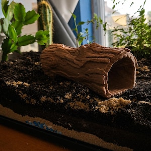 May include: A brown, hollow, cylindrical log-shaped hideout with a textured bark-like surface. The object is positioned horizontally on a dark soil substrate, featuring a wide, open entrance on one end and a closed, rounded end on the other.