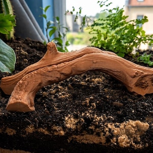 May include: A brown, arched, textured object resembling a tree branch or piece of driftwood. The surface features detailed, realistic wood grain patterns, knots, and a curved shape that creates an opening underneath, resting on dark soil.