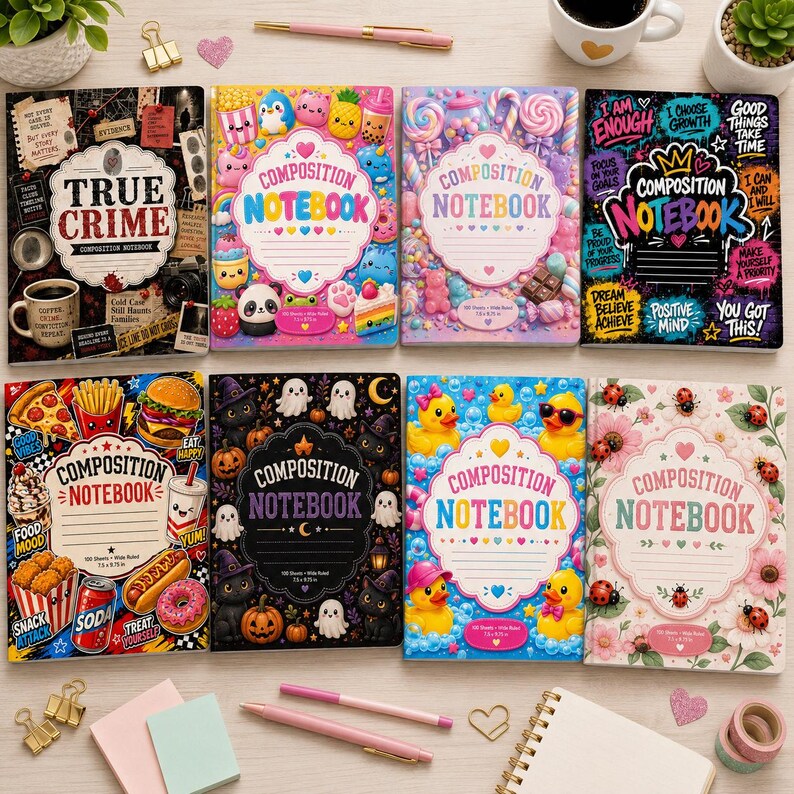 Puede incluir: Ocho cuadernos de composici&oacute;n con diversos dise&ntilde;os de portada que incluyen temas de cr&iacute;menes reales, comida, Halloween y flores. Cada cuaderno presenta una etiqueta blanca central con el texto Composition Notebook, rodeada de ilustraciones coloridas.