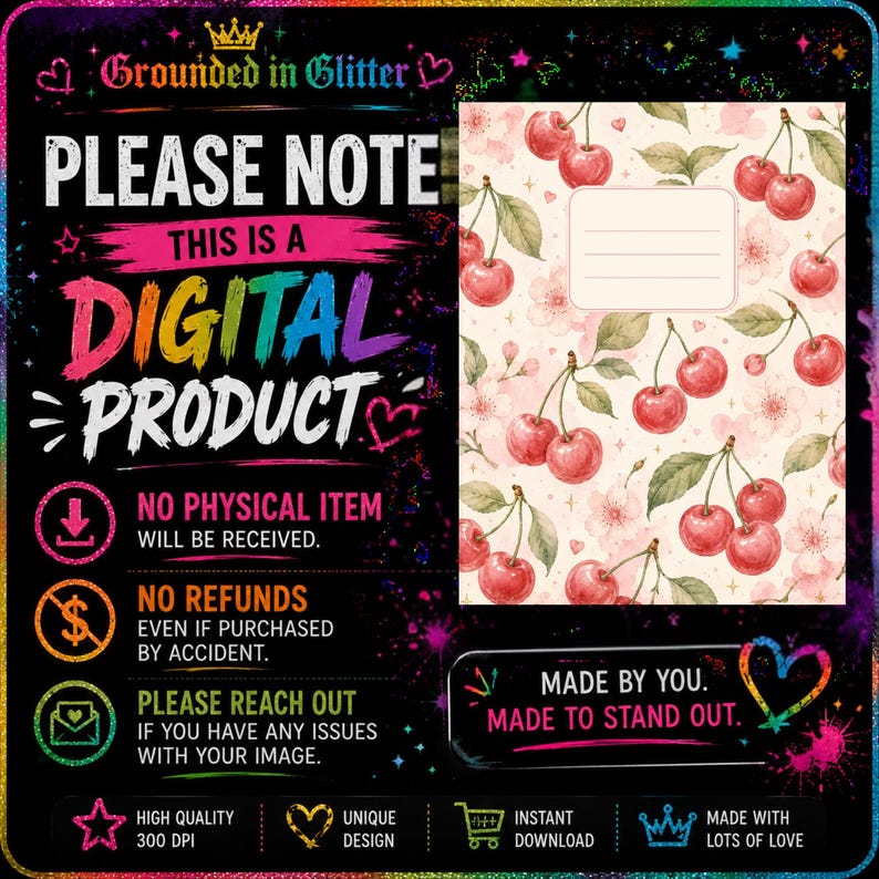 Puede incluir: Un aviso de producto digital con fondo negro, texto colorido y una etiqueta con estampado de cerezas. El texto dice: Grounded in Glitter, PLEASE NOTE THIS IS A DIGITAL PRODUCT, NO PHYSICAL ITEM, NO REFUNDS y MADE BY YOU.
