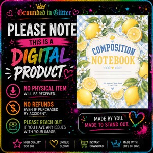 Puede incluir: Un anuncio de producto digital para un cuaderno de composici&oacute;n con un patr&oacute;n de limones y flores blancas sobre un fondo de cuadros azules. El texto dice: PLEASE NOTE THIS IS A DIGITAL PRODUCT, NO PHYSICAL ITEM, NO REFUNDS, 100 Sheets, 7.5 x 9.75 in.