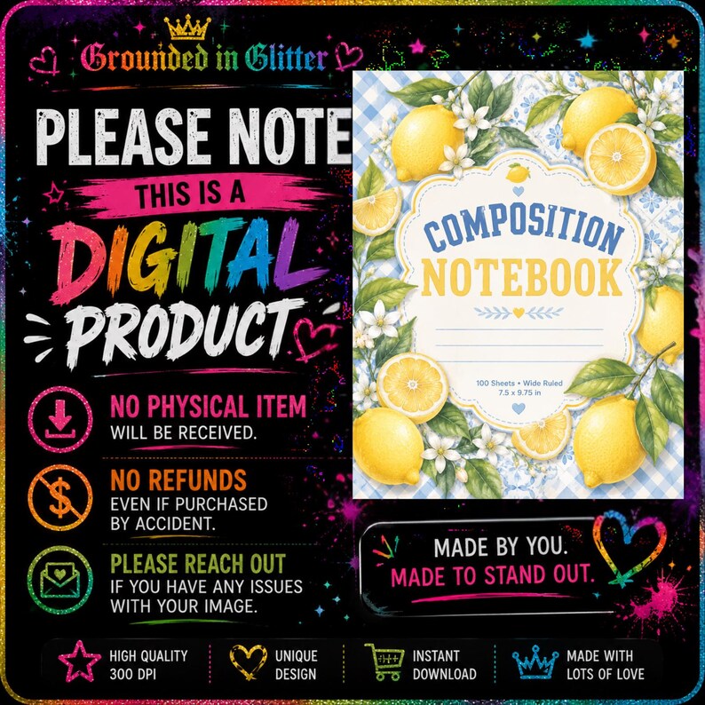 Puede incluir: Un anuncio de producto digital para un cuaderno de composici&oacute;n con un patr&oacute;n de limones y flores blancas sobre un fondo de cuadros azules. El texto dice: PLEASE NOTE THIS IS A DIGITAL PRODUCT, NO PHYSICAL ITEM, NO REFUNDS, 100 Sheets, 7.5 x 9.75 in.