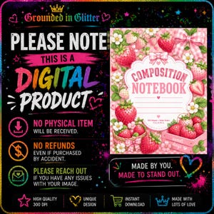 Puede incluir: Un gr&aacute;fico de producto digital con fondo negro y texto arco&iacute;ris. El lado izquierdo incluye texto como PLEASE NOTE THIS IS A DIGITAL PRODUCT. El lado derecho muestra un dise&ntilde;o de portada de cuaderno con tem&aacute;tica de fresas.