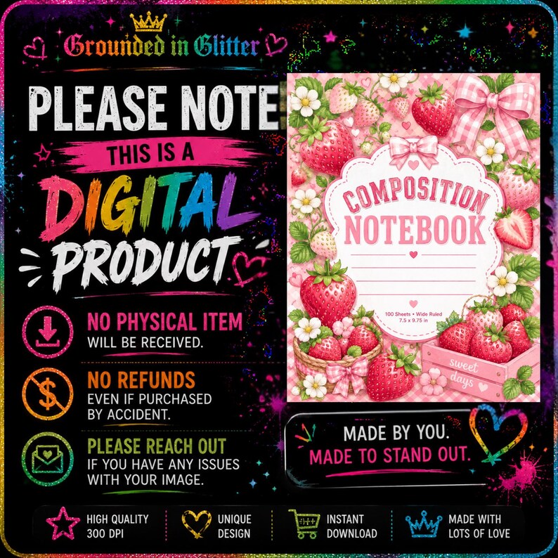 Puede incluir: Un gr&aacute;fico de producto digital con fondo negro y texto arco&iacute;ris. El lado izquierdo incluye texto como PLEASE NOTE THIS IS A DIGITAL PRODUCT. El lado derecho muestra un dise&ntilde;o de portada de cuaderno con tem&aacute;tica de fresas.
