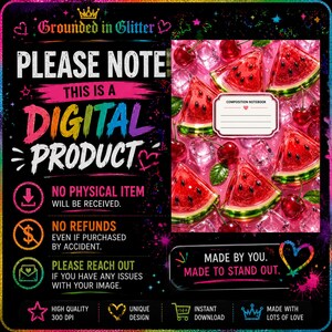 Puede incluir: Un anuncio de producto digital con fondo negro y texto arco&iacute;ris que dice Grounded in Glitter, Please Note This Is A Digital Product y No Physical Item Will Be Received. Incluye un gr&aacute;fico de sand&iacute;a y cerezas en la parte derecha.