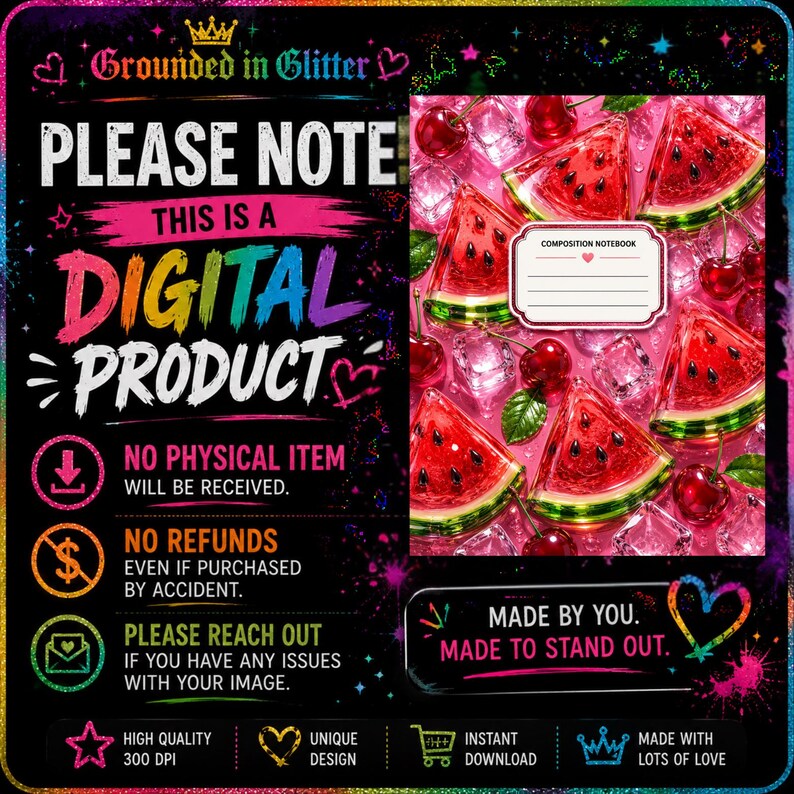 Puede incluir: Un anuncio de producto digital con fondo negro y texto arco&iacute;ris que dice Grounded in Glitter, Please Note This Is A Digital Product y No Physical Item Will Be Received. Incluye un gr&aacute;fico de sand&iacute;a y cerezas en la parte derecha.