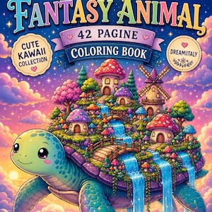 May include: A coloring book titled COZY FANTASY ANIMAL with 42 PAGINE. The cover features a large green turtle carrying a miniature landscape with mushroom houses, a windmill, and waterfalls on its shell against a starry, cloud-filled sky.