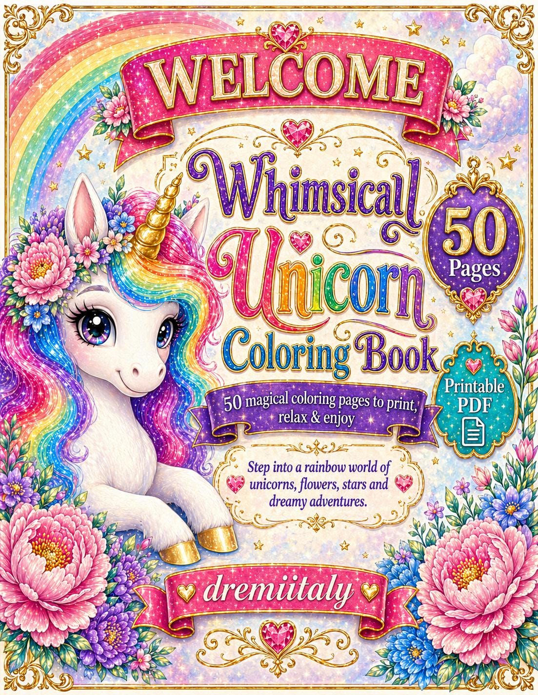 Unicorn Coloring Pages Printable PDF -50 Rainbow Unicorn Designs,…