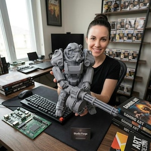 May include: A gray 3D-printed figurine of a power armor suit with a minigun. The figurine is held by a person. The desk has a keyboard, circuit board, and books titled "Gaming Art". A business card reads "Studio Forge".