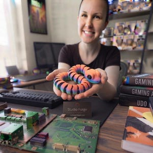 May include: A multi-coloured, articulated snake toy with a gradient of orange, pink, and blue segments. The snake has a rounded head with large, solid black eyes and a segmented, flexible body that coils in a circular shape within the palms.