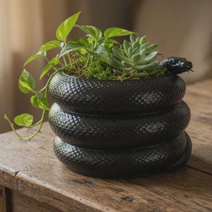 May include: A black ceramic planter in the form of a coiled snake, filled with green plants. The planter has a textured finish and a snake head detail. The plants include succulents and trailing vines, creating a unique decorative piece.