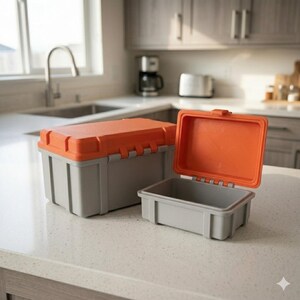 May include: Two grey storage containers with orange lids on a countertop. One container is open, showing its interior. The containers are rectangular and made of a durable plastic material.