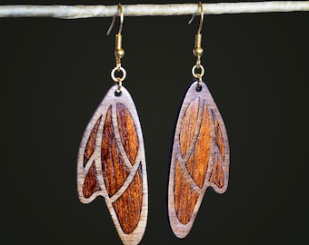 Orecchini in legno, intarsi in noce e mogano, ispirati alla tecnica del marqueterie, gioielli in legno fatti a mano, raffinati orecchini artigianali in legno massello