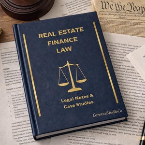 Puede incluir: Un libro azul marino titulado "REAL ESTATE FINANCE LAW" con letras doradas y un icono de balanza de la justicia. El libro está rodeado de documentos y un bolígrafo, lo que sugiere un tema legal o académico. El texto "Legal Notes & Case Studies" también es visible.