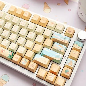 Cute Summer Aesthetic Beach Keycaps 130 Keys|Japanese Style PBT Custom Handmade for Mechanical Keyboards Cherry MX Style|Artisan Cute Gift