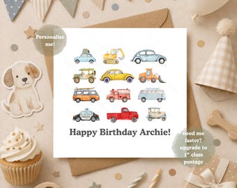 Tarjeta de cumpleaños personalizada de coches para niños, tarjeta de cumpleaños de vehículos, linda tarjeta de cumpleaños con temática de transporte, tarjeta de cumpleaños con temática de coches
