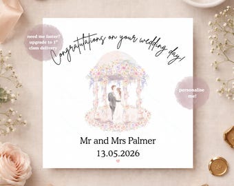 Luxury Wedding Card, Personalised Mr & Mrs Wedding Congratulations Card, Elegant Floral Wedding Keepsake, Celebratory Chapel Wedding Gift