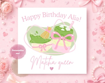 Tarjeta de cumpleaños de la Reina del Matcha, Tarjeta de cumpleaños de Matcha personalizada, Tarjeta de cumpleaños adorable para amantes del Matcha, Tarjeta de la Reina del Matcha para amiga, hermana o hija.