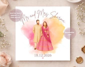 Luxury Indian Wedding Card, Pink Personalised Bride & Groom Card, Bright Elegant Cultural Wedding Congratulations Card Wedding Date