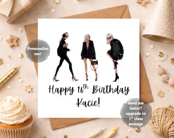 Personalised Fashion Birthday Card, Stylish Girls Birthday Card, Custom Age & Name Chic Birthday Card, Fashion Diva, Black Outfits