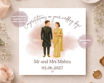 Luxury Indian Wedding Card, Personalised Elegant Wedding Congratulations Card, Cultural Bride & Groom Illustration, Indian Wed Inspired Gift