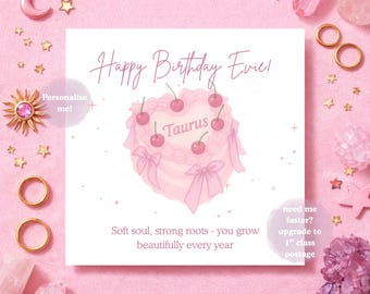 Tarjeta de cumpleaños del signo zodiacal Tauro, tarjeta astrológica del signo de aire, cumpleaños de abril y mayo, tarjeta estética única, tarjeta original, nombre personalizado