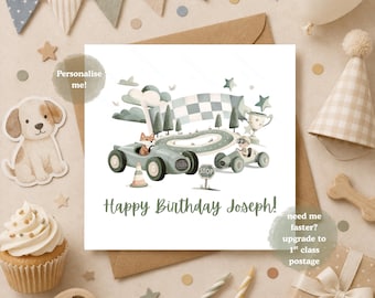 Personalised Racing Car Birthday Card, Cute Vintage Car Card for Kids, Car Lover Birthday Card, Green Neutral Race Car Theme