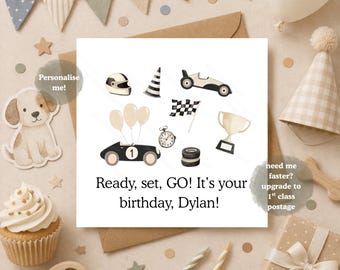 Personalised Racing Birthday Card for Boys, Ready Set Go Birthday Card, Car & Race Theme Kids Birthday Card, Neutral Black and White Themed