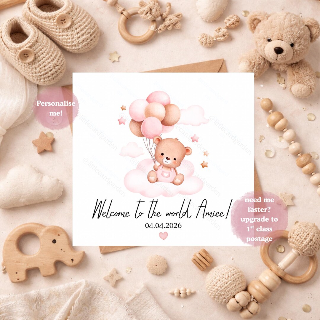 Personalised New Baby Card, Welcome to the World Card, Cute Teddy Bear ...