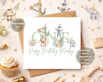 Personalised Age Number 1-10 Animal Birthday Card, Safari Zoo Birthday Card, Jungle Animals Birthday Card, Wild One, 1,2,3,4,5,6,7,8,9,10