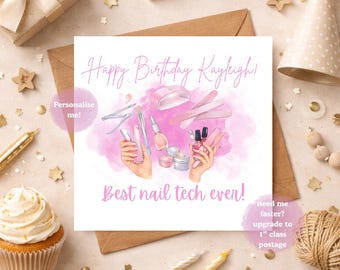 Personalised Nail Tech Birthday Card, Best Nail Tech Ever, Beauty Lover Birthday Card, Pink Aesthetic Manicure Card for Nail Artist