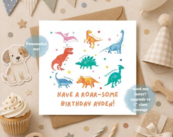 Personalised Dinosaur Roar-Some Birthday Card for Kids, Dino Triceratops Birthday Card, Cute Dino Animals Birthday Card, Dinosaur Names