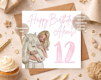 Personalised Horse Lover Birthday Card, Custom Age Girl & Horse Card, Equestrian Birthday Card in Multiple Colours, Horse Girl Age Number