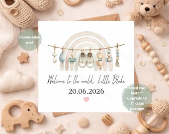 Personalised New Baby Card, Neutral Baby Rainbow Card, Welcome to the World Card, Boho Baby Keepsake, Gender Neutral, Baby Surname Card