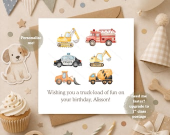 Personalised Construction Birthday Card, Truck & Digger Birthday Card, Vehicle Birthday Card for Kids
