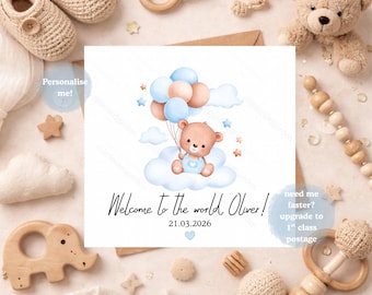 Personalised New Baby Card, Welcome to the World Card, Cute Teddy Bear Baby Boy Card, Newborn Keepsake, Baby Date Card