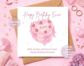 Tarjeta de cumpleaños del signo zodiacal Aries, tarjeta astrológica del signo de aire, cumpleaños de marzo y abril, tarjeta estética única, tarjeta original, nombre personalizado