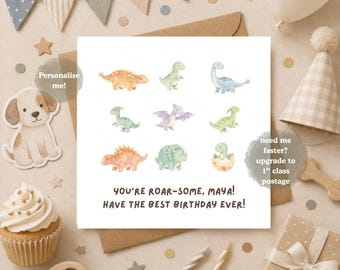 Personalised Dinosaur Birthday Card for Kids, Dino Triceratops Roar-Some Birthday Card, Cute Dino Animals Birthday Card