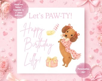 Personalised Sausage Dog Daschund Lets Pawty Yellow and Pink Birthday card, Personalised dog card, Puppy lover card, Sausage dog card, Dog