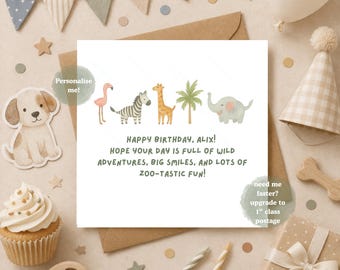 Personalised Animal Birthday Card for Kids, Safari Zoo Birthday Card, Cute Jungle Animals Birthday Card, Wild One
