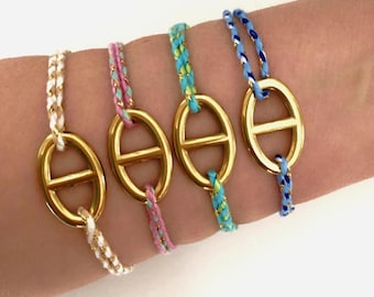 Gold-tone stainless steel marine mesh bracelet with trendy adjustable colored cord