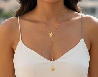 Adjustable gold sun Y necklace in stainless steel