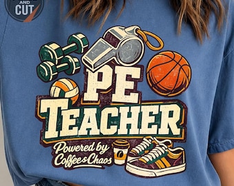 Retro PE Teacher PNG, Physical Education Coffee and Chaos Sublimation Design, Gym Coach Sports Clipart, Back to School Digital Download