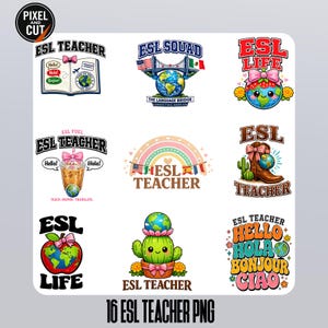 PNG-Paket für Englischlehrer, 16 mehrsprachige Sublimationsdesigns für Klassenzimmer, Cliparts für Englischlehrer (ESL/ESL), Downloads für den Schulanfang