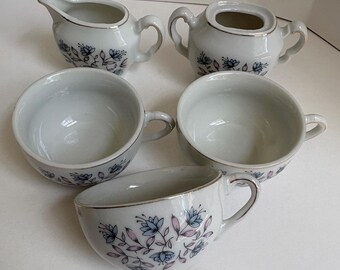 Vintage Mini Japanese Floral Toy Teacups, Creamer and Sugar Bowl