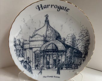 Vintage Norfolk China Harrogate Pump Room Blue and Gold Plate