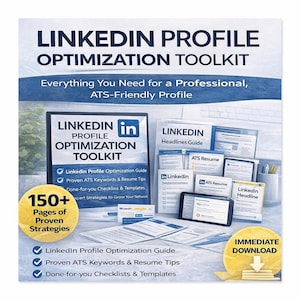 Puede incluir: Un kit de herramientas de optimización de perfiles de LinkedIn con el texto "Todo lo que necesita para un perfil profesional, compatible con ATS". La imagen incluye guías, listas de verificación y consejos para currículums. El kit de herramientas tiene más de 150 páginas de estrategias probadas y está disponible para descarga inmediata.
