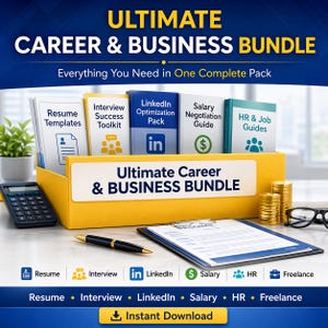 Puede incluir: Una caja amarilla sobre un fondo azul contiene libros y documentos con las etiquetas "Resume Templates", "Interview Success Toolkit", "LinkedIn Optimization Pack", "Salary Negotiation Guide" y "HR & Job Guides". También hay una calculadora, un bolígrafo y un currículum.