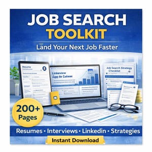 Puede incluir: Un kit de herramientas de búsqueda de empleo digital con el título "JOB SEARCH TOOLKIT" y el lema "Land Your Next Job Faster". La imagen incluye un portátil, una tableta y documentos. El kit de herramientas incluye más de 200 páginas y cubre currículums, entrevistas, LinkedIn y estrategias. También se muestra "Instant Download".